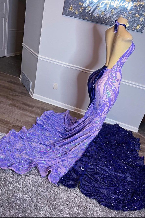 Double Color Sleeveless Halter Backless Mermaid Evening Dress
