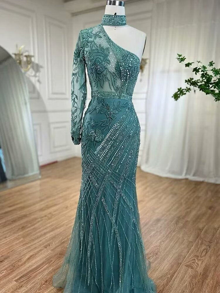 Elegant One shoulder Long Sleeve Champagne Bead Embroidery Formal Dress