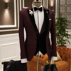 Stylish Burgundy Best Three-Piece Prom Suits with Peaked Lapel