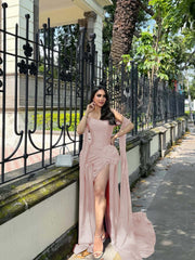 Strapless Sleeveless Long Mermaid Formal Dress With Split Pleated