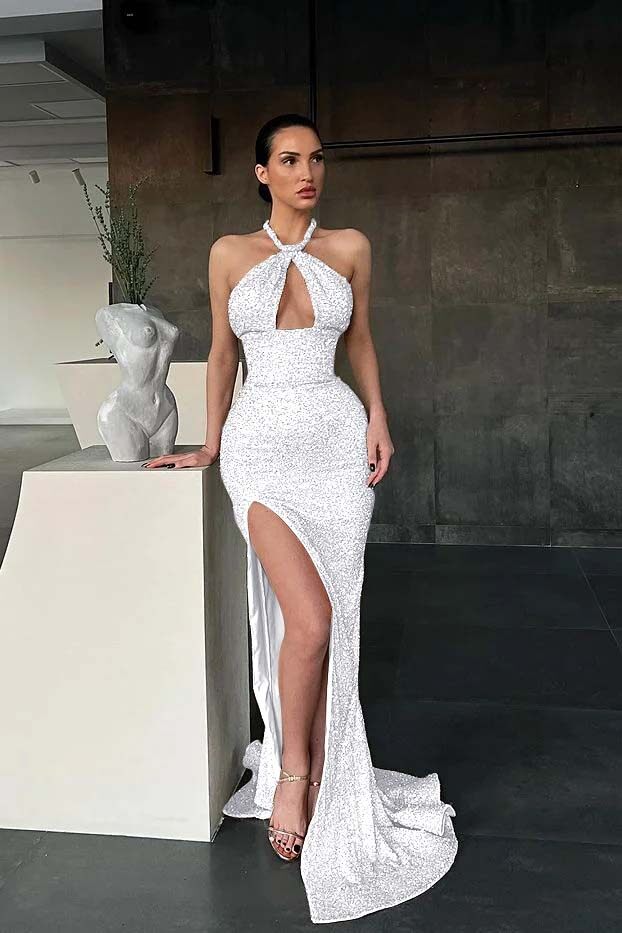 Halter Sleeveless Long Mermaid Formal Dress With Split Sequins