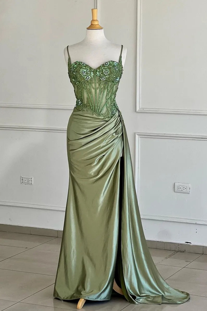 Elegant Silver Satin Mermaid Prom Dress with Spaghetti Straps and Appliques