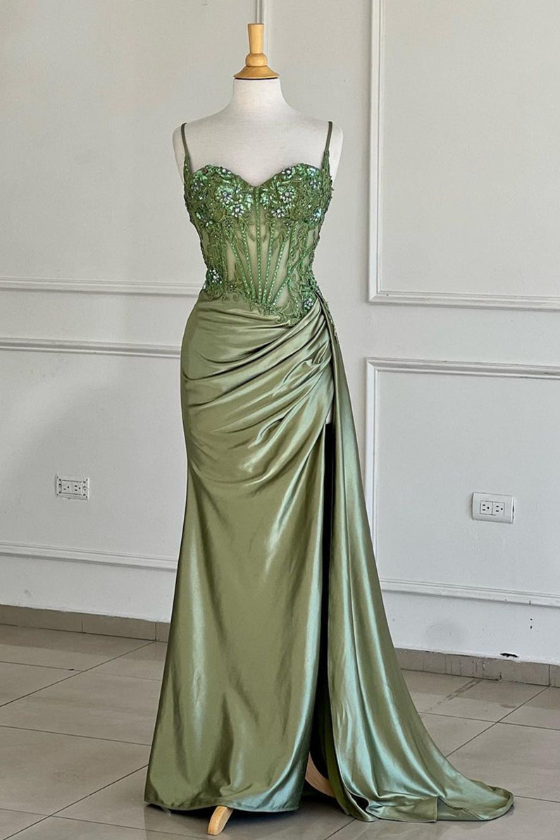 Silver Corset Prom Dress with Trendy Mermaid Spaghetti Straps and Appliques