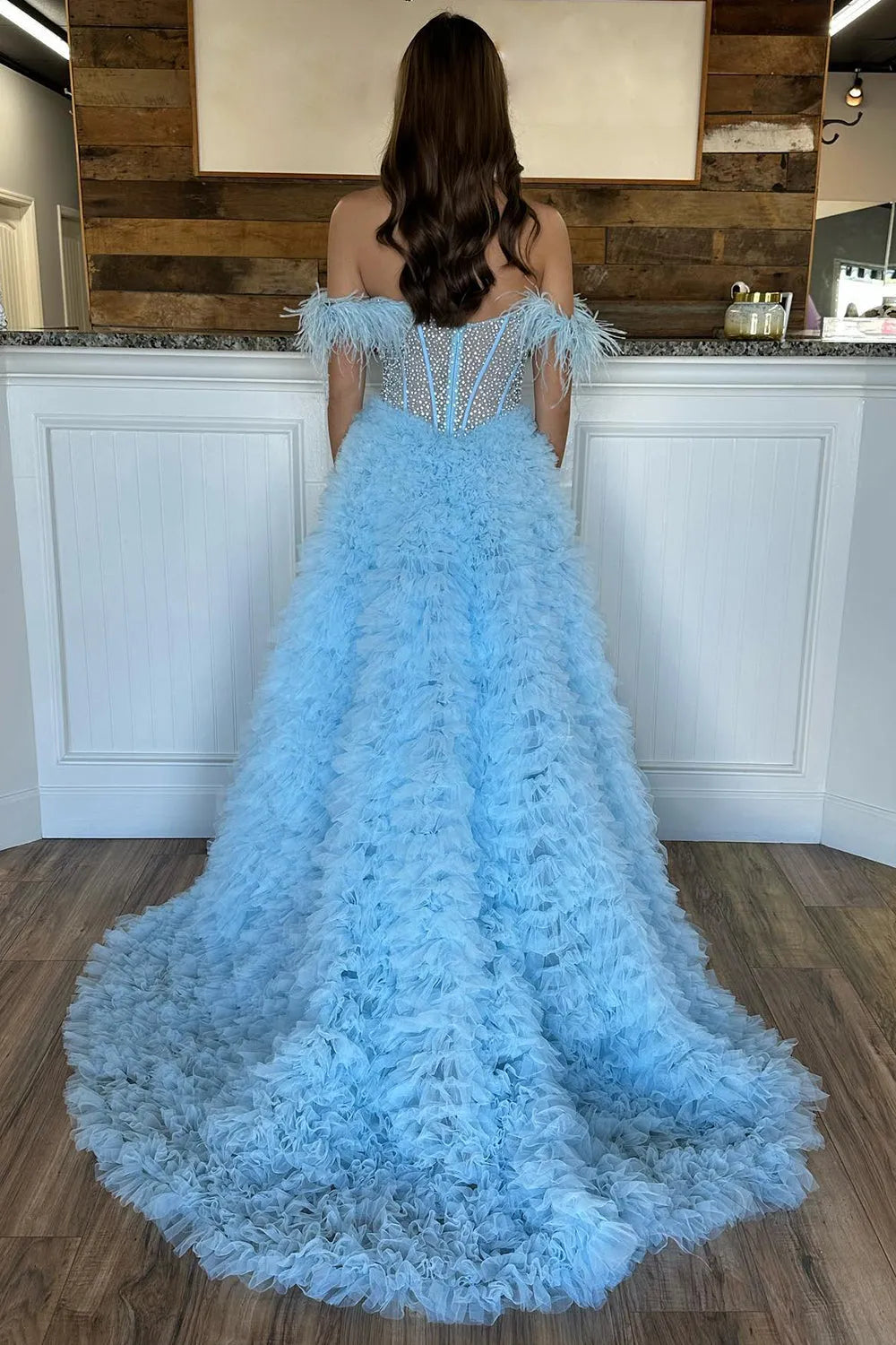 A-Line Long Corset Prom Dress in Pink with Off the Shoulder Tulle Tiered Design and Beading