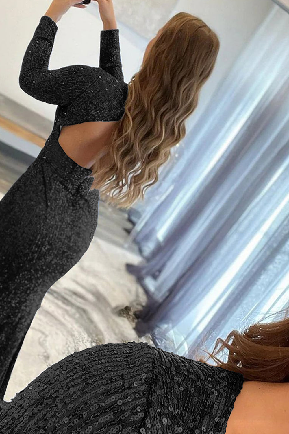 Long Pink Sequins Prom Dress with Deep V Neck and Front Split Sheath