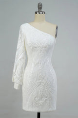 White Beaded Sequins One Shoulder Tight Homecoming Dress/Mini Dress