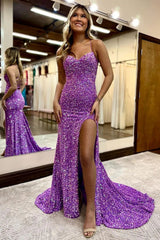 Long Purple Sequined Prom Dress with Mermaid Silhouette and Criss-Cross Halter Back
