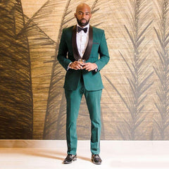 Formal One Button Dark Green Black Shawl Lapel Wedding Suit