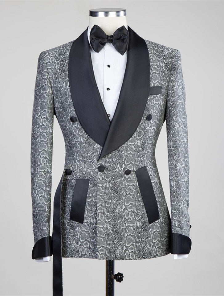 Khalil Gray Black Lapel Jacquard Wedding Men's Suits with Double-Breasted