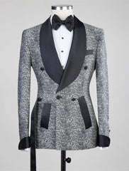 Khalil Gray Black Lapel Jacquard Wedding Men's Suits with Double-Breasted