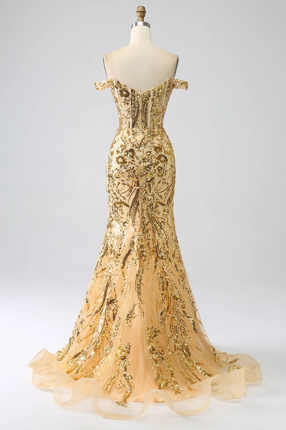 Golden Sparkle Mermaid Prom Dress with Shoulder Slit and Sequins