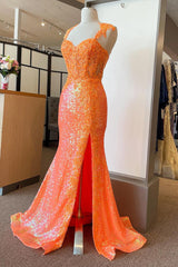 Orange Sequins Corset Prom Dress with Mermaid Spaghetti Straps and Appiques