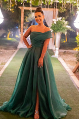 One Shoulder Dark Green Mermaid Front Split Evening Dress With Bowknot Strapless