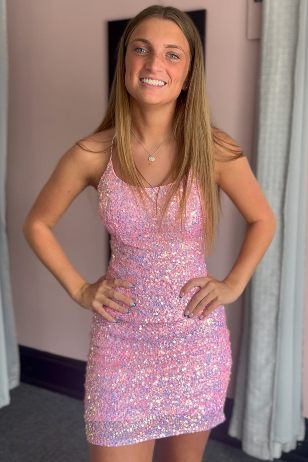 Sparkly Fuchsia Sleeveless Sequin Tight Short Homecoming Dress/Mini Dress