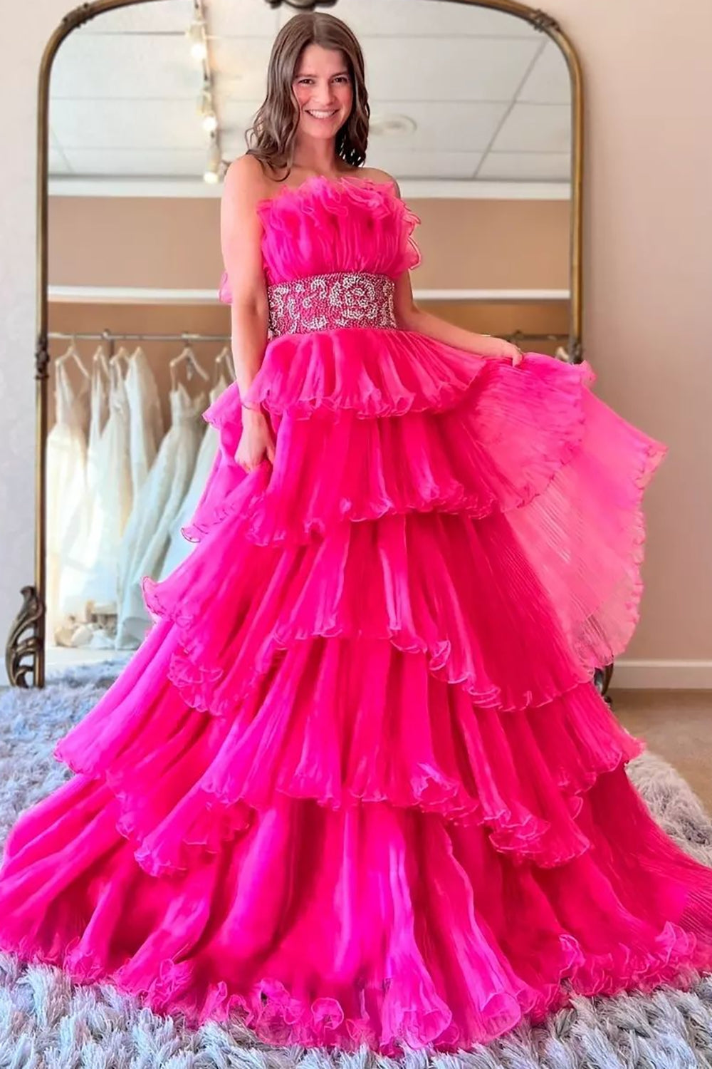 Long Blue Strapless Prom Dress with Beading in Princess Tulle