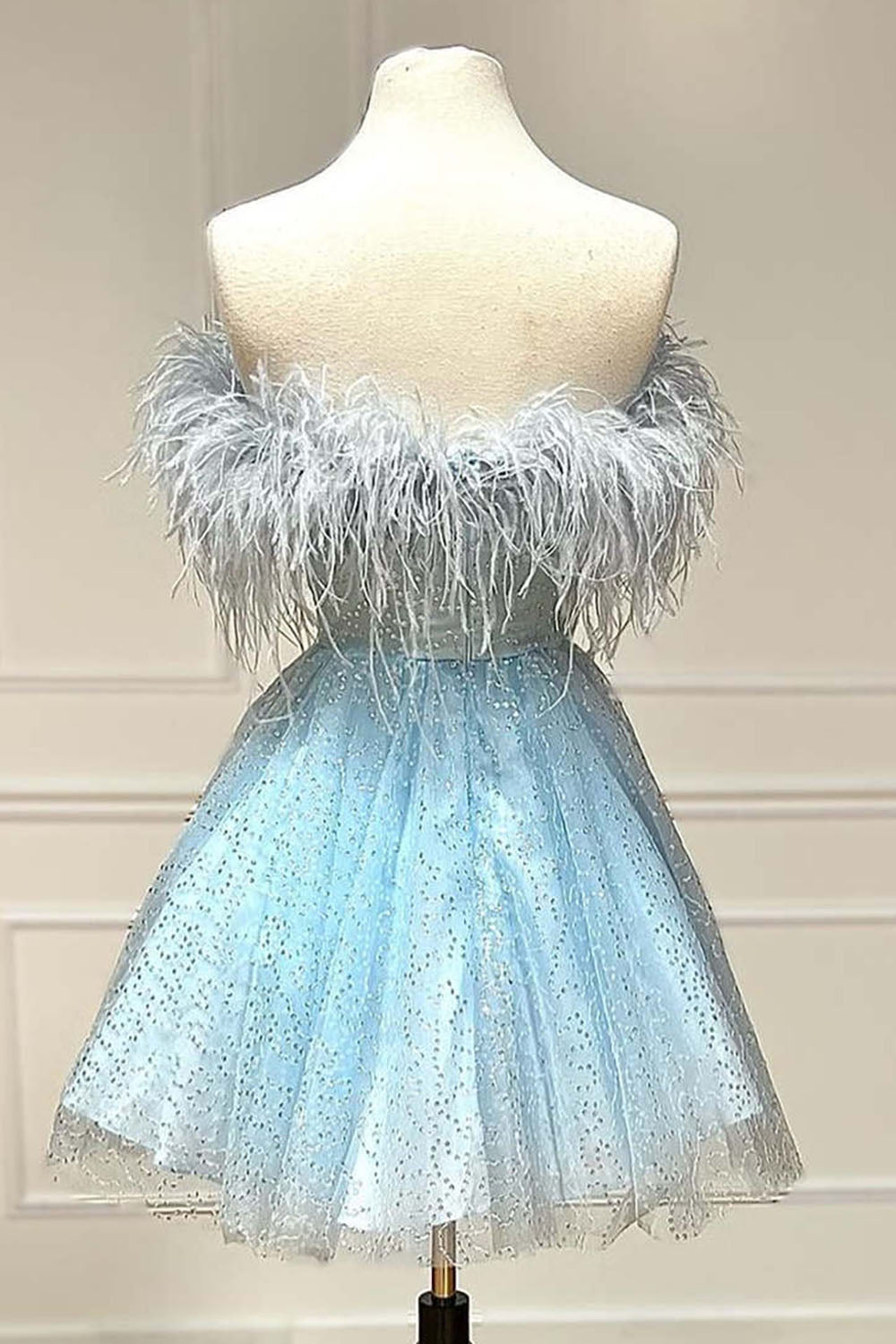 Light Blue A-Line Strapless Homecoming Dress/Mini Dress with Feathers