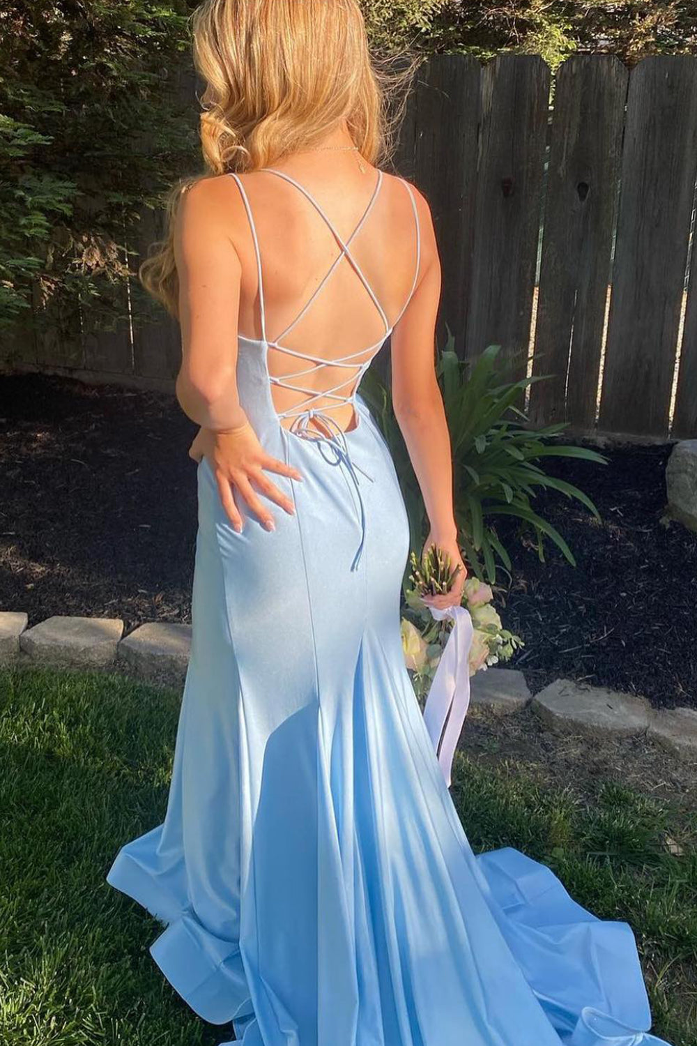 Blackless Mermaid Prom Dress with Orange Spaghetti Straps