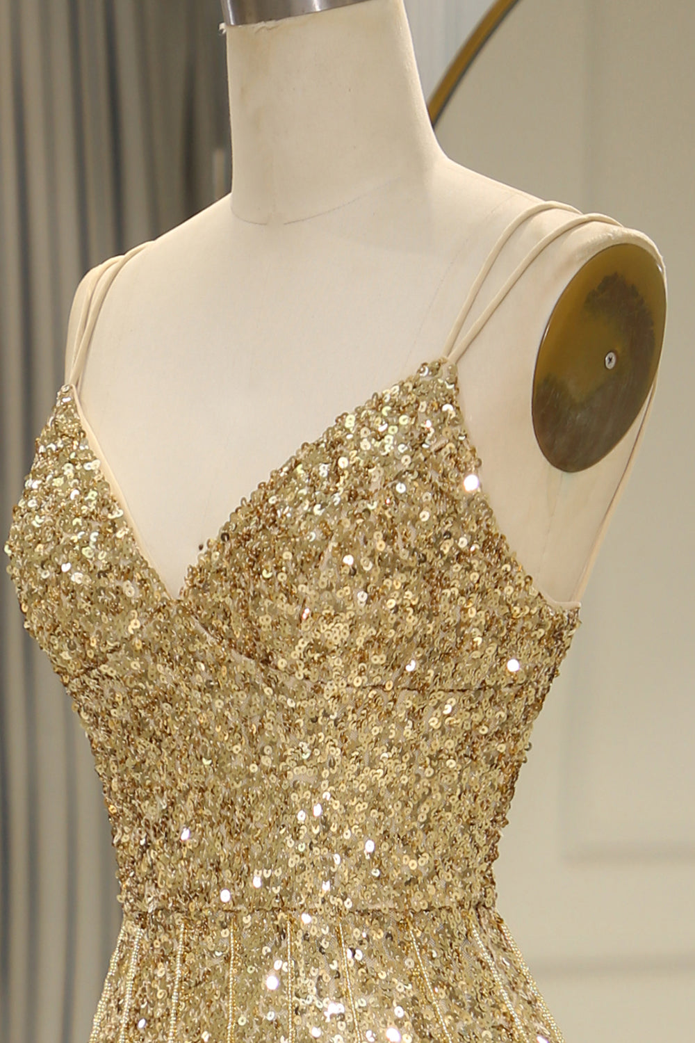 Golden Sequins Long Prom Dress with Bling Mermaid Spaghetti Straps and Split Front