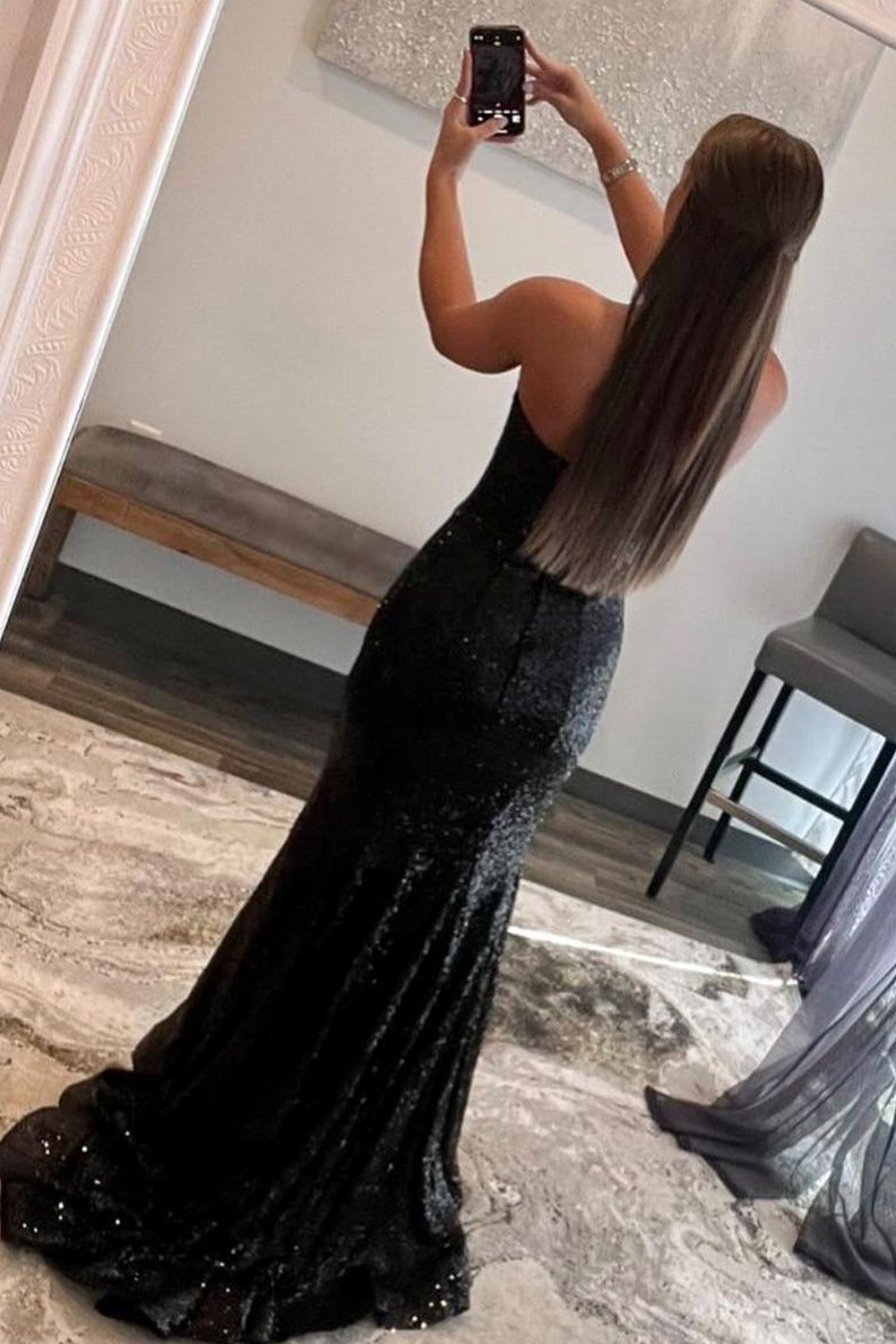 Black Sequined Mermaid Prom Dress with Feathers Strapless Long Gown
