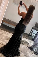Black Sequined Mermaid Prom Dress with Feathers Strapless Long Gown