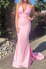 Pink Long Prom Dress with Mermaid Halter Neck and Bowknot