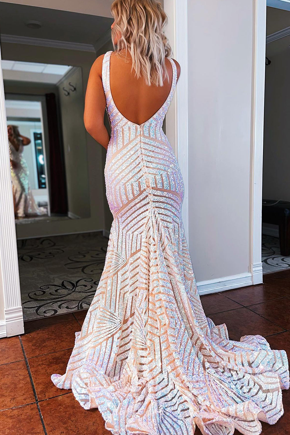 Deep V Neck Sequin Mermaid Prom Dress in Mustard Green