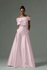 Off the Shoulder Sleeveless Long Formal Dress With Pleated Pocket
