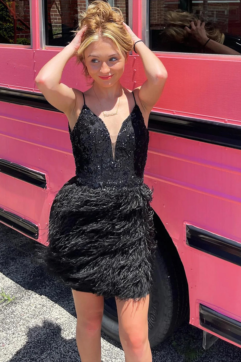 Pink Sequins Tight Homecoming Dress/Mini Dress with Feathers