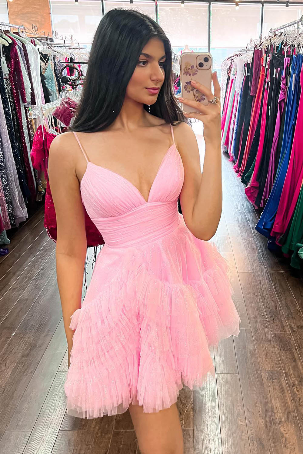 Glitter Pink Tulle A-Line Short Ruffled Homecoming Dress/Mini Dress