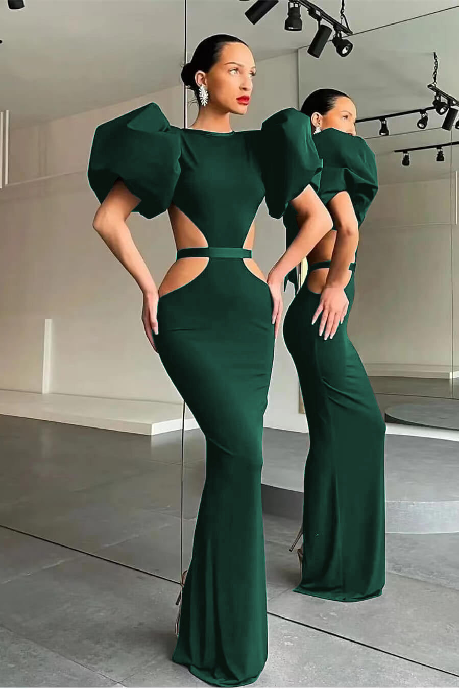 Mermaid Shine Puff Sleeves Evening Dress Black
