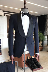Stylish Slim Fit One-Button Shawl Lapel Navy Blue Three-Piece Wedding Men's Suits