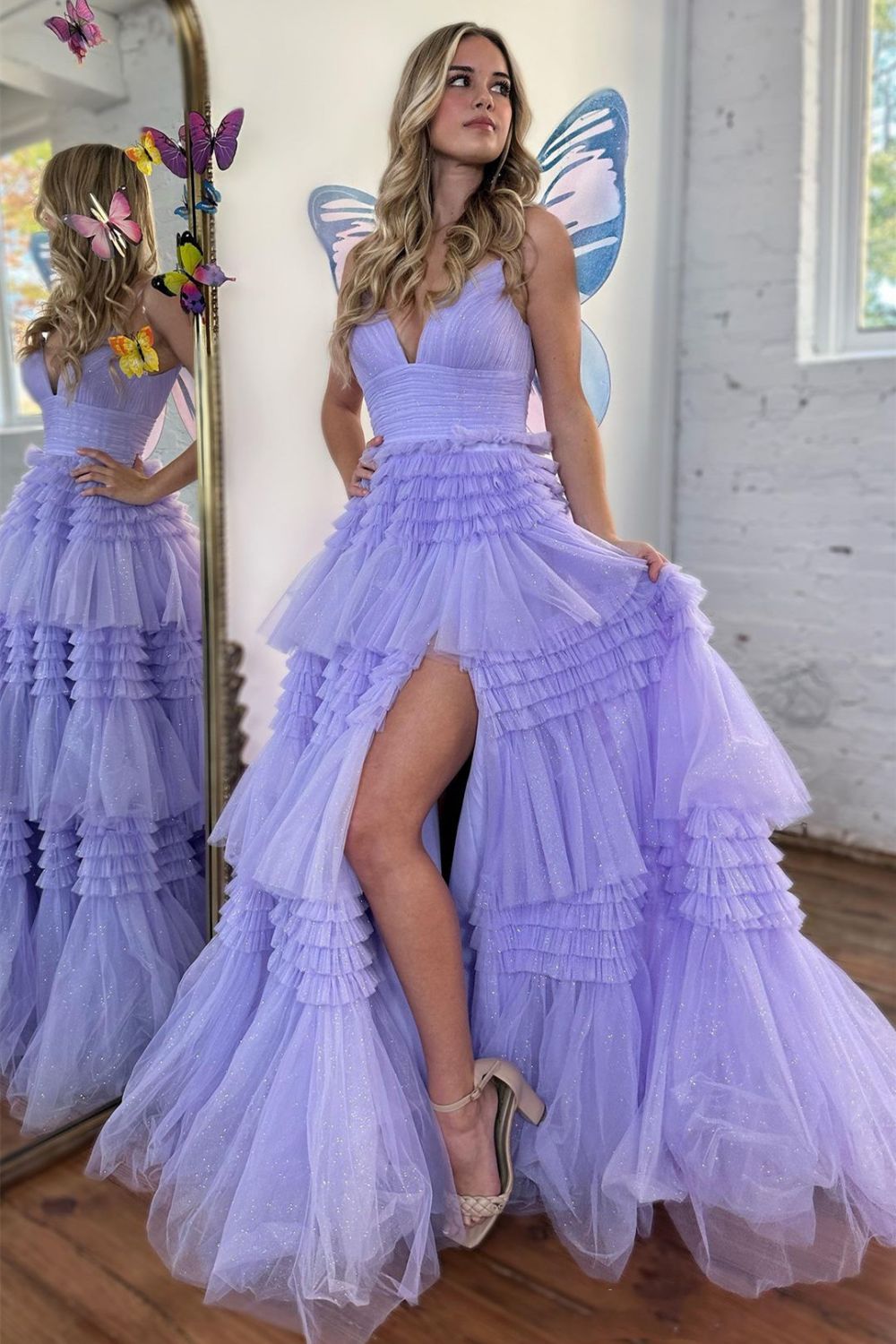 Elegant A-Line Long Tulle Prom Dress with Spaghetti Straps and Side Split