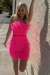 Sparkly Fuchsia Beaded Tight Short Homecoming Dress/Mini Dress with Feathers