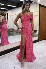 Hot Pink Sequined Mermaid Prom Dress with Front Split and Strapless Design