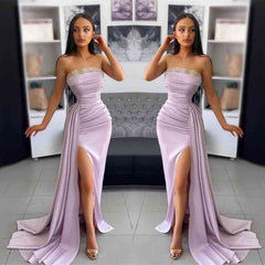 Strapless Pleats Slit Mermaid Evening Dress With Sequins