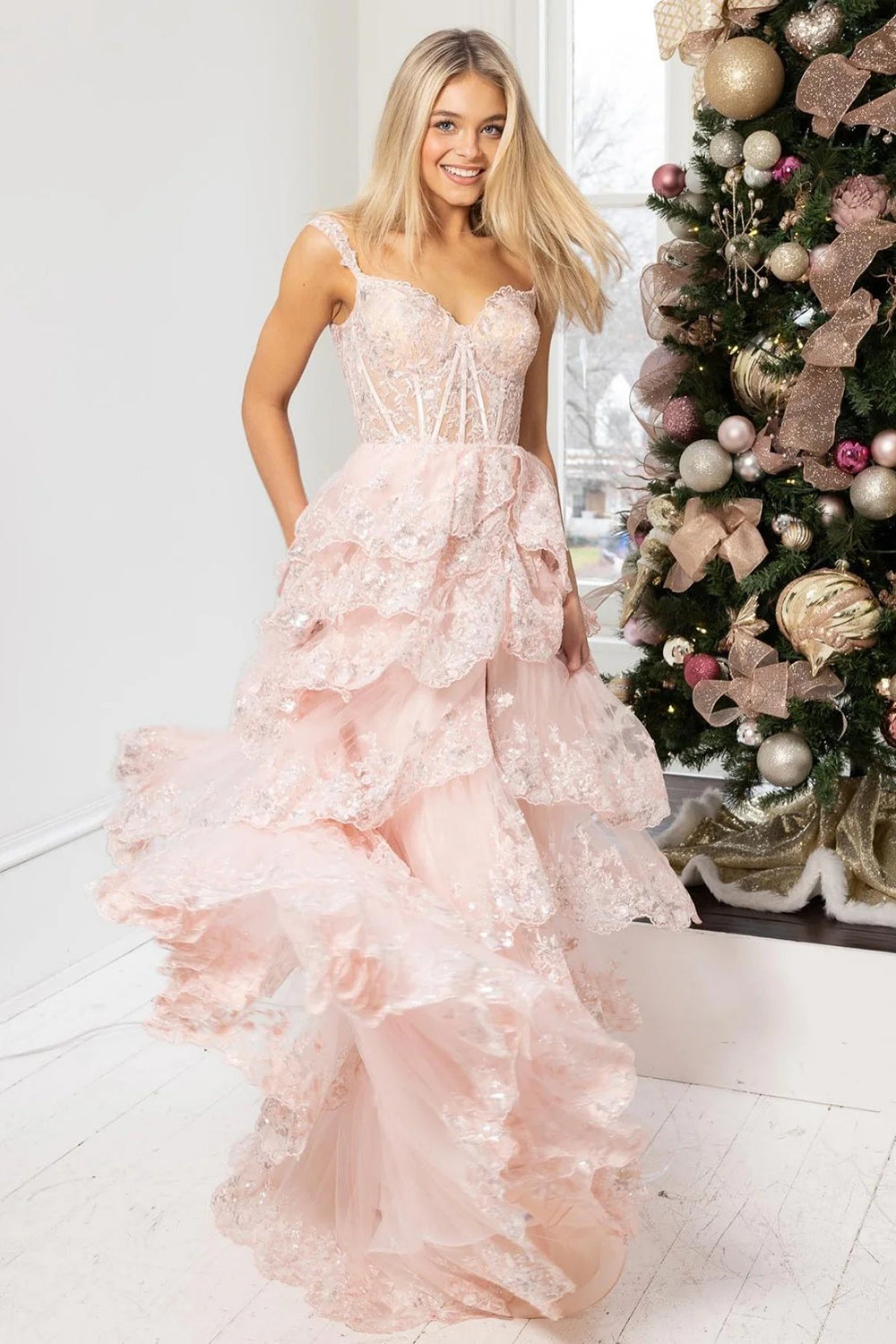 Long Tiered Off-the-Shoulder Corset Prom Dress in Fuchsia with Sequins for Princesses