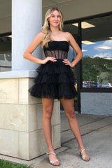 Glitter Black Corset Tiered A-Line Tulle Short Homecoming Dress/Mini Dress