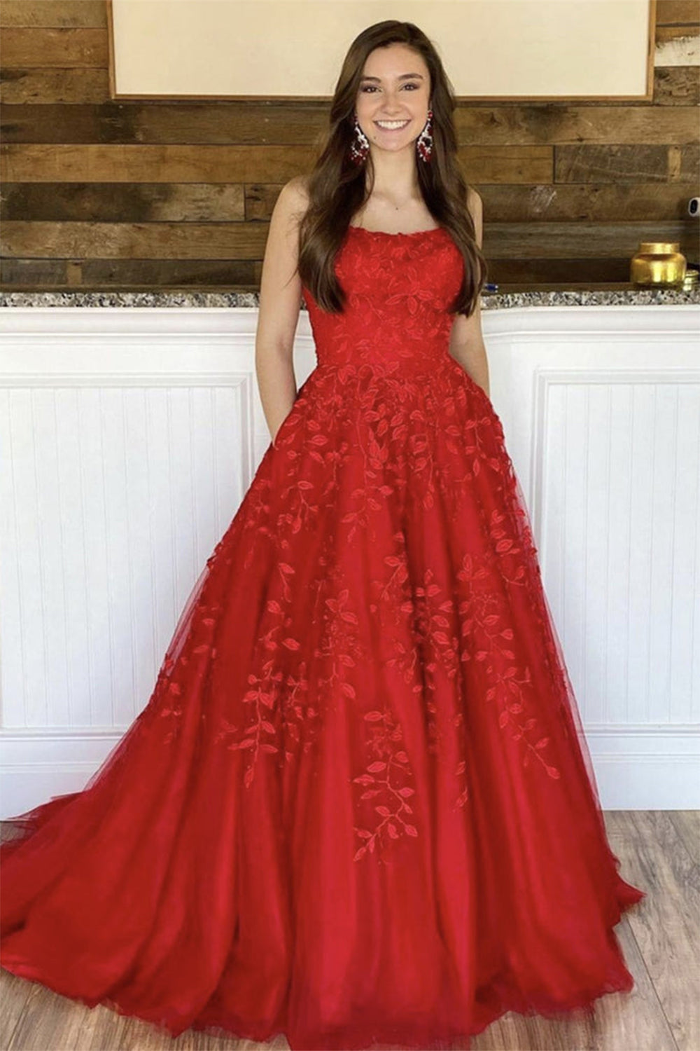 Red Prom Dress with Princess Spaghetti Straps