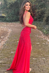 Red One-Shoulder Long Prom Dress with Beaded Sheath