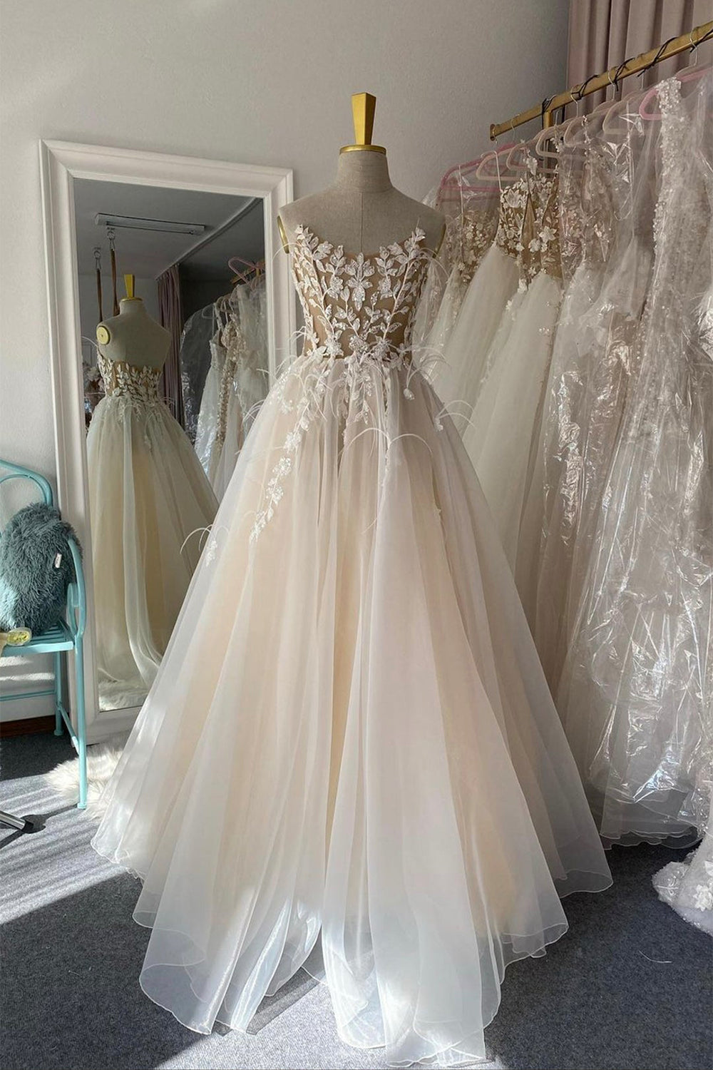 Long Ivory Prom Dress Featuring Appliques