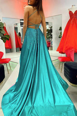 Glittery Green Prom Dress with Slit in A-line Style