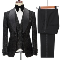 Popular Black Three-Piece Lapel Groomsmen Tuxedos with Sparkly Shawl