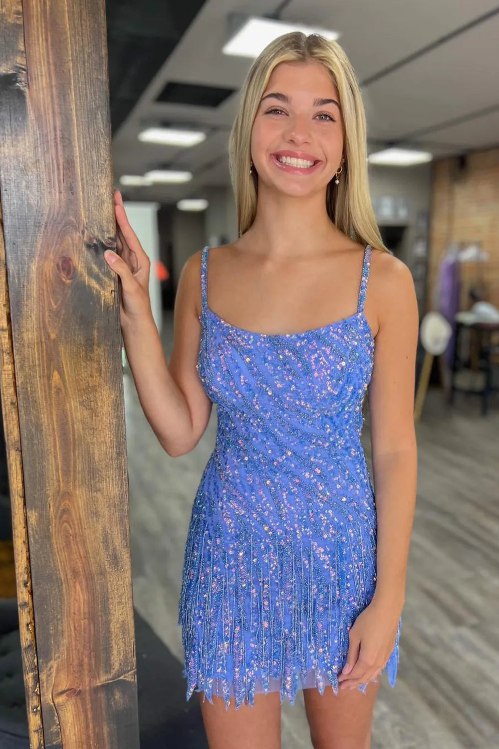 Glitter Fuchsia Fringed Beaded Tight Short Homecoming Dress/Mini Dress