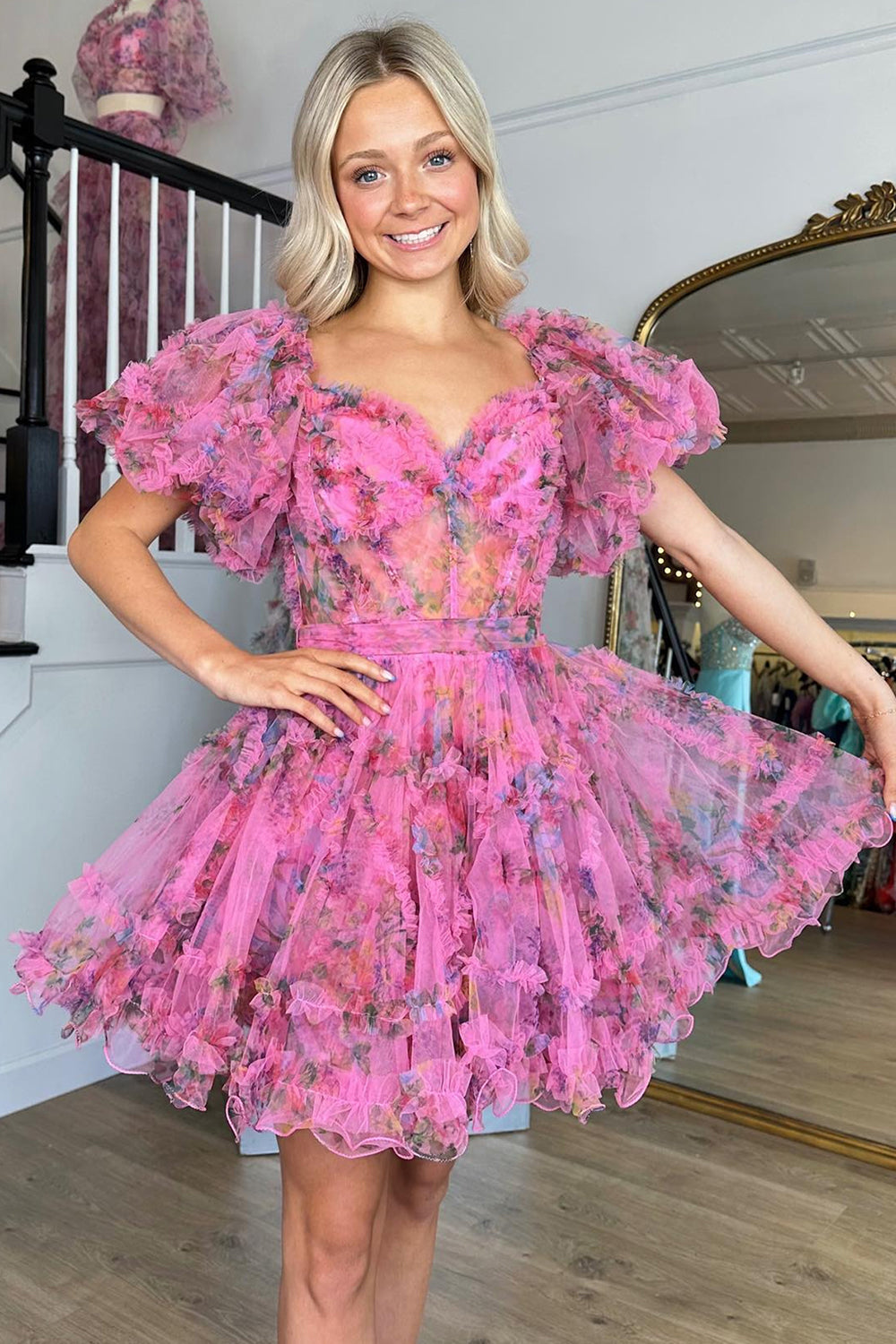 Lavender Floral A-Line Short Homecoming Dress/Mini Dress