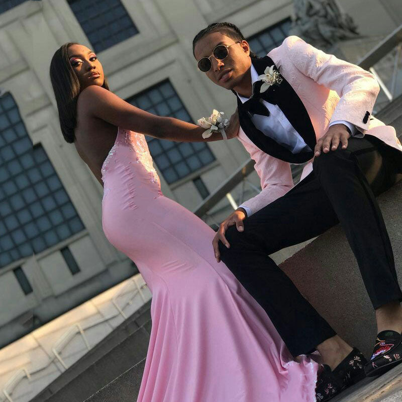 Fashion Pink Prom Suit Shawl Lapel Jacquard with One Button