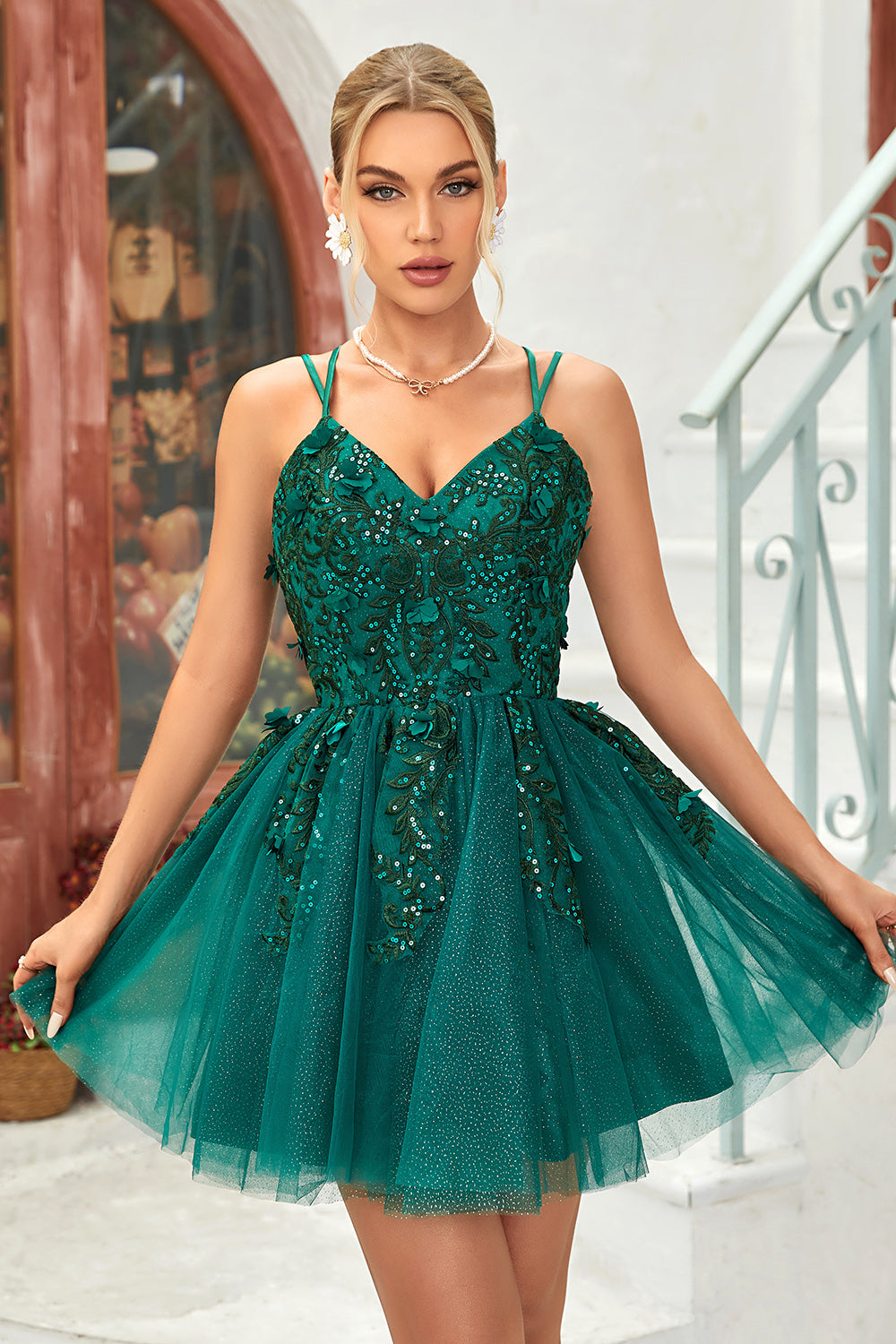 A Line Spaghetti Straps Dark Green Short Homecoming Dress/Mini Dress with Appliques Beading