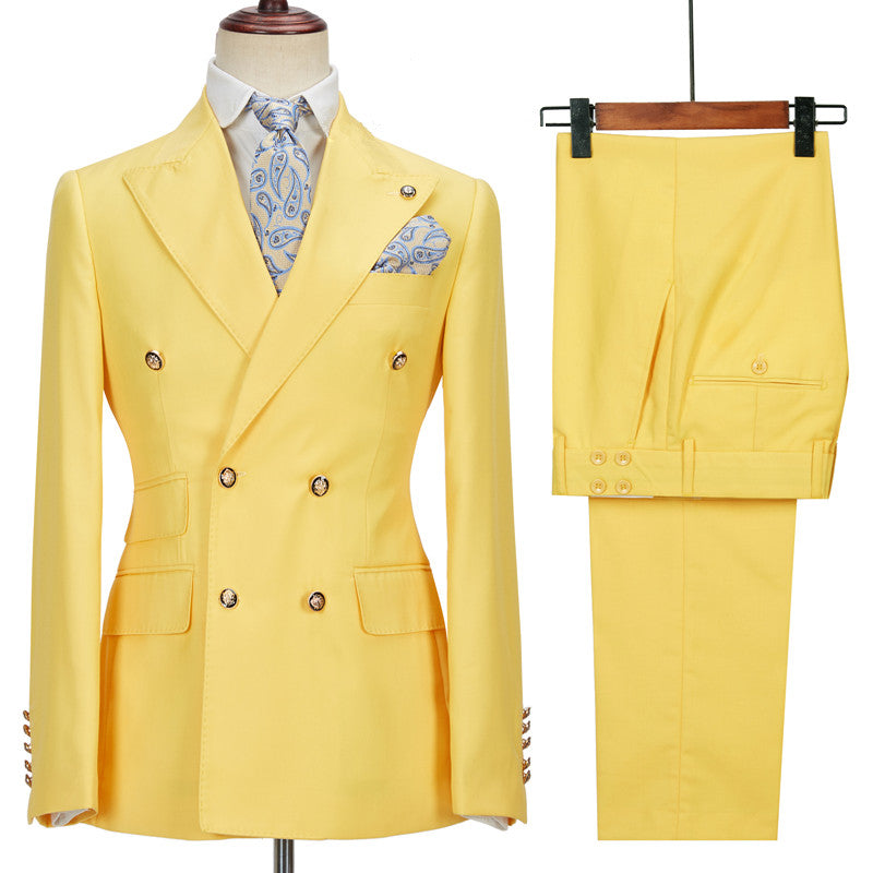 Casual Yellow Double-Breasted Prom Outfits for Guys with Peaked Lapel