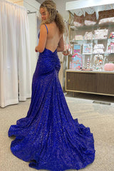 Royal Blue Sequined Long Prom Dress with Mermaid Spaghetti Straps and Front Split