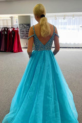 Long Cold Shoulder Prom Dress in Sparkly Blue with Beading A-Line Style