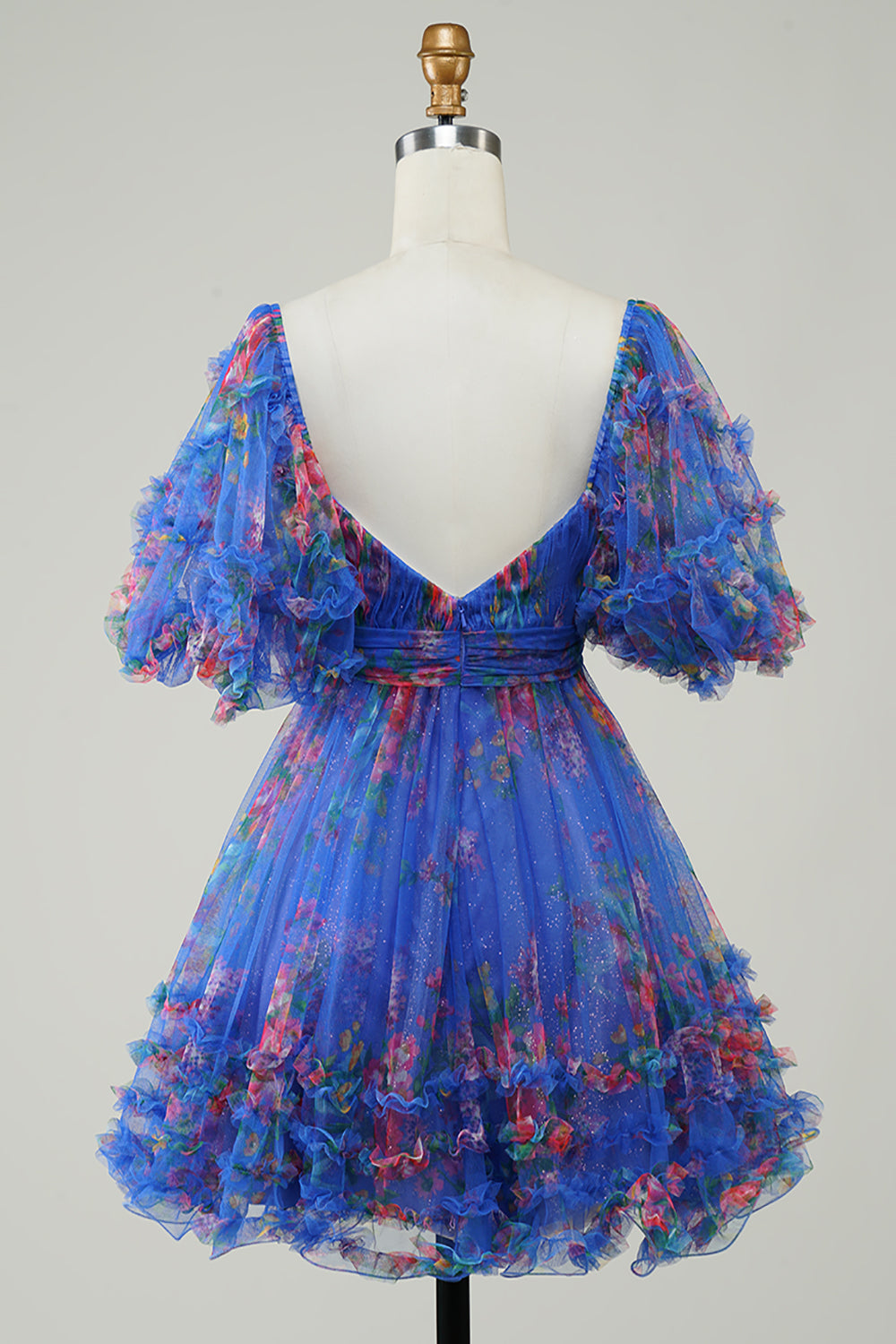 Dark Blue Puff Sleeves A-Line Floral Short Homecoming Dress/Mini Dress with Ruffles